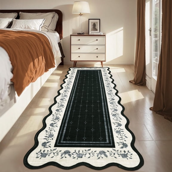 Garvee 2'x6' Scalloped Floral Rug Modern Farmhouse Carpet, Washable Rug with Non Slip Backing Soft Foldable Mat for Hallway Bedroom Kitchen, Black
