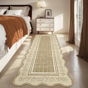 Garvee 2'x6' Scalloped Floral Rug Modern Farmhouse Carpet, Washable Rug with Non Slip Backing Soft Foldable Mat for Hallway Bedroom Kitchen, Brown
