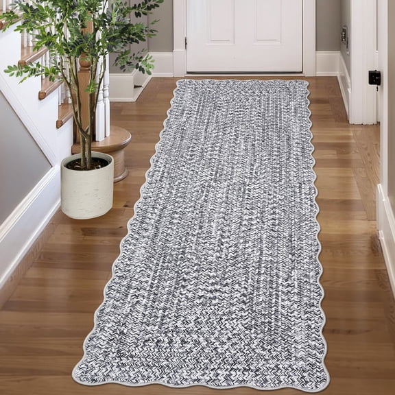 Garvee 2'x6' Scalloped Rug Farmhouse Braided Print Carpet, Washable Rug Soft Non Slip Low Pile Rug Indoor Neutral Carpet for Living Room Bedroom Hallway, Gray