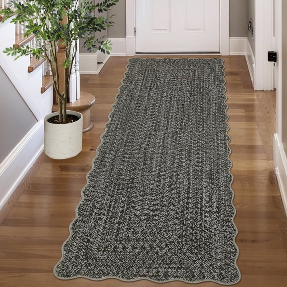 Garvee 2'x6' Scalloped Rug Farmhouse Braided Print Carpet, Washable Rug Soft Non Slip Low Pile Rug Indoor Neutral Carpet for Living Room Bedroom Hallway, Gray Brown