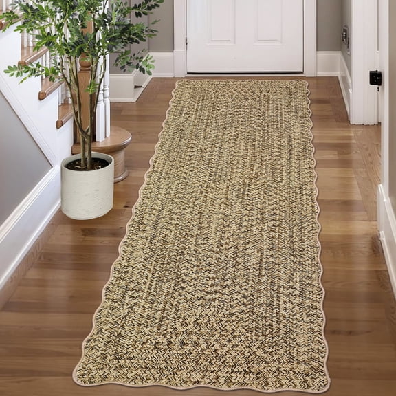 Garvee 2'x6' Scalloped Rug Farmhouse Braided Print Carpet, Washable Rug Soft Non Slip Low Pile Rug Indoor Neutral Carpet for Living Room Bedroom Hallway, Yellow