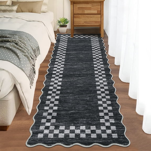 Garvee 2'x6' Scalloped Runner Rug, Geometric Neutral Bordered Rugs Washable Rug Stain-Resistant Low Pile Carpet for Hallway Bedroom Home Decor, Dark Gray