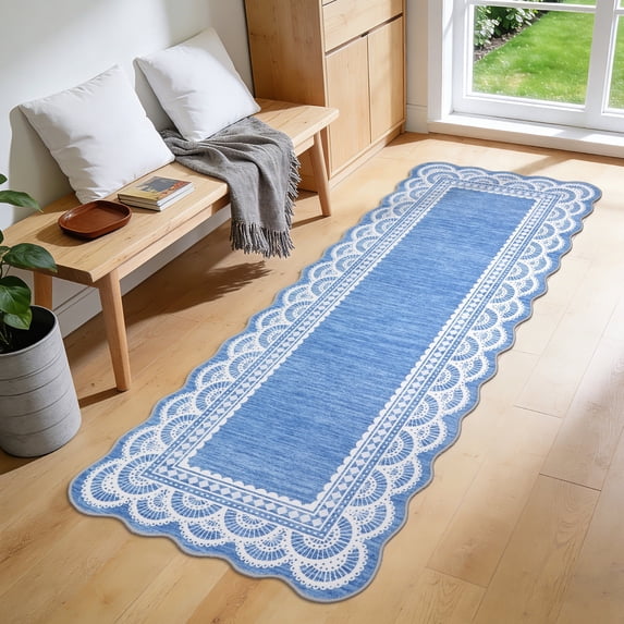 Garvee 2'x6' Scalloped Runner Rug Modern Lace Edge Carpet, Washable Solid Rug Non-Slip Low Pile Indoor Mats for Hallway Bedroom Kitchen, Blue