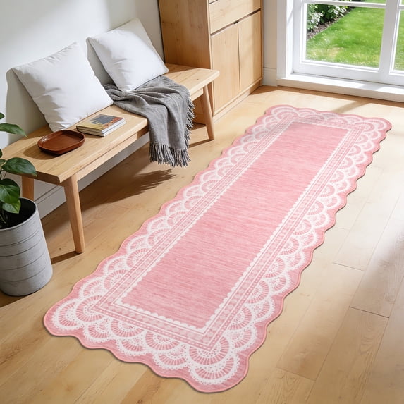Garvee 2'x6' Scalloped Runner Rug Modern Lace Edge Carpet, Washable Solid Rug Non-Slip Low Pile Indoor Mats for Hallway Bedroom Kitchen, Pink