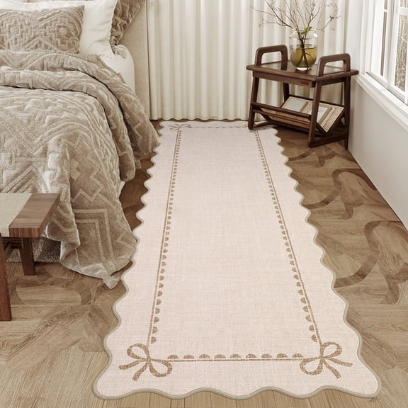 Garvee 2'x6' Scalloped Runner Rug Modern Solid Rug, Washable Rug Soft Low Pile Carpet with Non Slip Backing for Bedroom Hallway Decor, Beige