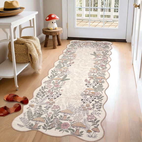 Garvee 2'x6' Scalloped Runner Rug Washable Botanical Mushroom Rugs with Non Slip Backing, Low Pile Floral Printed Indoor Carpet for Bedroom Hallway Kitchen, Beige