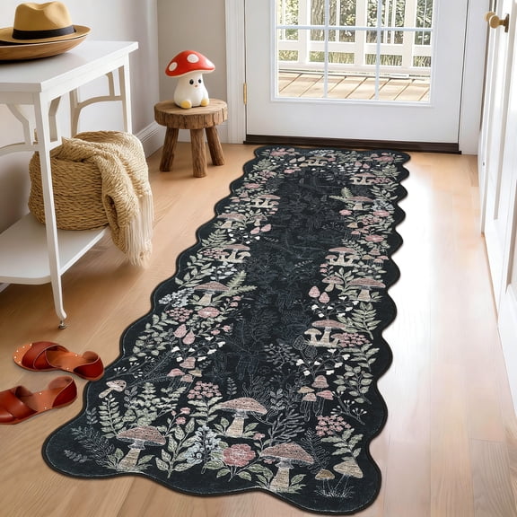 Garvee 2'x6' Scalloped Runner Rug Washable Botanical Mushroom Rugs with Non Slip Backing, Low Pile Floral Printed Indoor Carpet for Bedroom Hallway Kitchen, Black