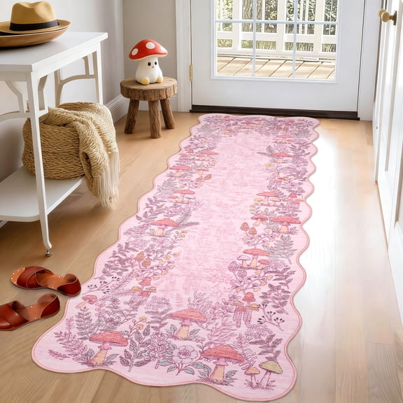Garvee 2'x6' Scalloped Runner Rug Washable Botanical Mushroom Rugs with Non Slip Backing, Low Pile Floral Printed Indoor Carpet for Bedroom Hallway Kitchen, Pink