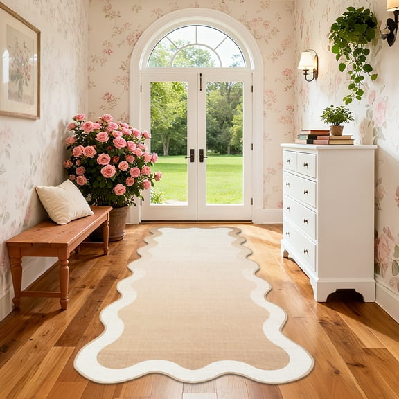 Garvee 2'x6' Scalloped Runner Rugs Modern Abstract Washable Rug, Neutral Farmhouse Carpet Non-Slip Low Pile Indoor Rug for Hallway Bedroom Kitchen, Beige