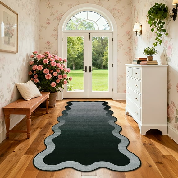 Garvee 2'x6' Scalloped Runner Rugs Modern Abstract Washable Rug, Neutral Farmhouse Carpet Non-Slip Low Pile Indoor Rug for Hallway Bedroom Kitchen, Black