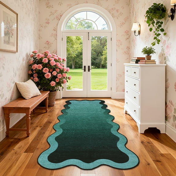 Garvee 2'x6' Scalloped Runner Rugs Modern Abstract Washable Rug, Neutral Farmhouse Carpet Non-Slip Low Pile Indoor Rug for Hallway Bedroom Kitchen, Green