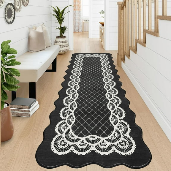 Garvee 2'x6' Scalloped Runner Rugs Modern Bordered Carpet, Washable Rug Non-Slip Contemporary Accent Rug Low Pile Indoor Mat for Hallway Bedroom Kitchen, Black