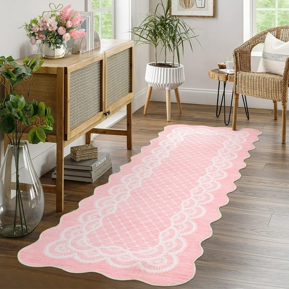 Garvee 2'x6' Scalloped Runner Rugs Modern Bordered Carpet, Washable Rug Non-Slip Contemporary Accent Rug Low Pile Indoor Mat for Hallway Bedroom Kitchen, Pink