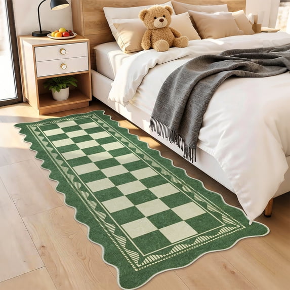 Garvee 2'x6' Scalloped Runner Rugs Modern Checkered Carpet, Washable Non-Slip Rug Indoor Floor Mats for Hallway Bedroom Home Decor, Green