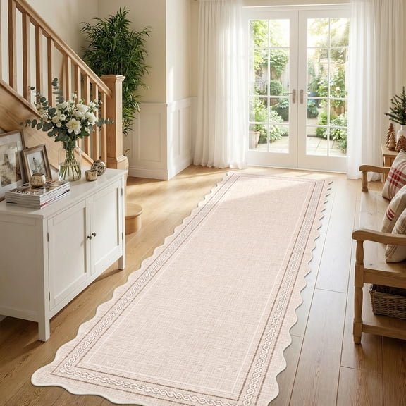 Garvee 2'x6' Scalloped Washable Runner Rug Solid Border Carpet with Non Slip Backing, Soft Low Pile Rug for Hallway Bedroom Kitchen, Beige