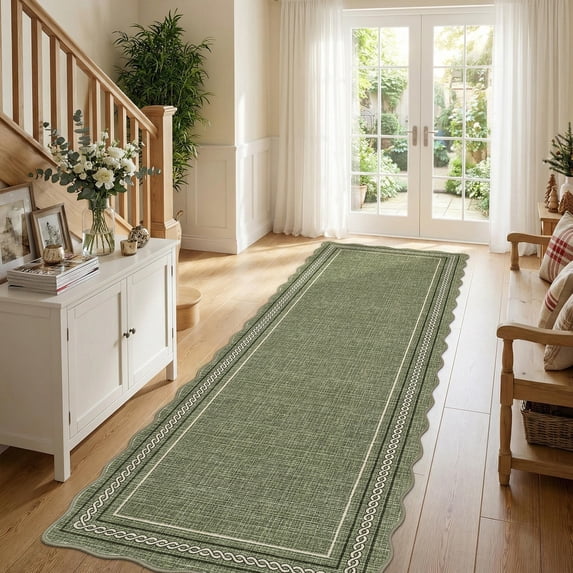 Garvee 2'x6' Scalloped Washable Runner Rug Solid Border Carpet with Non Slip Backing, Soft Low Pile Rug for Hallway Bedroom Kitchen, Green