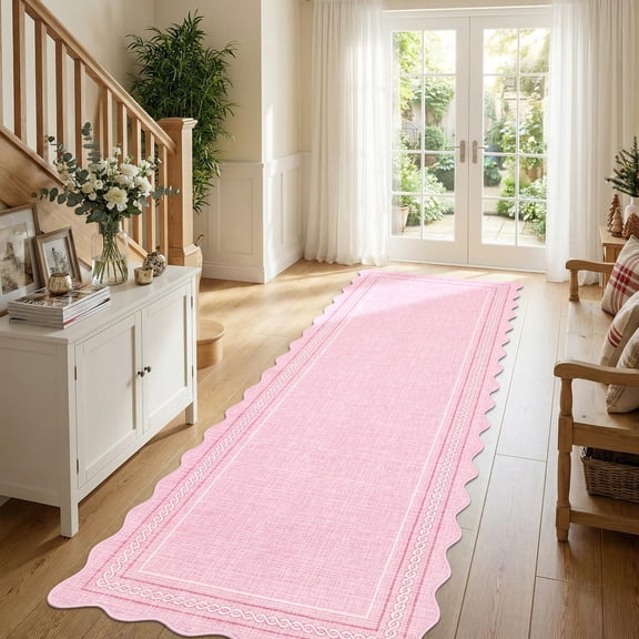 Garvee 2'x6' Scalloped Washable Runner Rug Solid Border Carpet with Non Slip Backing, Soft Low Pile Rug for Hallway Bedroom Kitchen, Pink