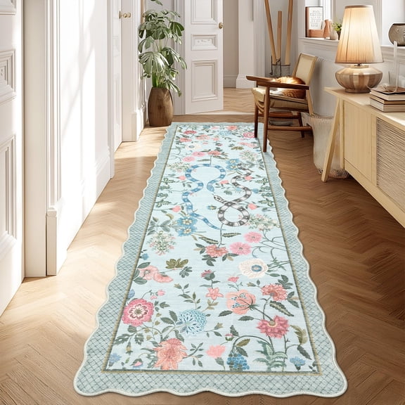 Garvee 2'x6' Snake Floral Area Rug Scalloped Rug, Machine Washable Farmhouse Indoor Carpet Non-Slip Low Pile Accent Rug for Hallway Bedroom Kitchen, Blue
