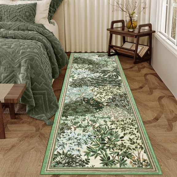 Garvee 2'x6' Vintage Botanical Runner Rug Jungle Floral Print Carpet, Washable Boho Rug Low Pile Non Slip Oriental Rug for Hallway Bedroom Kitchen, Beige