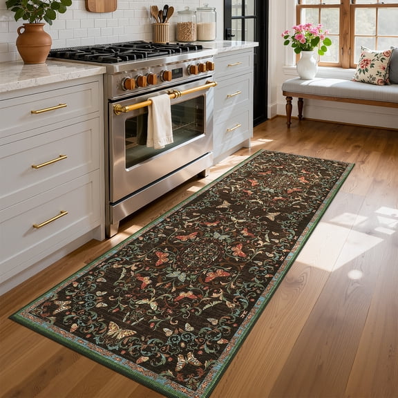 Garvee 2'x6' Vintage Butterfly Insect Runner Rug Medallion Floral Rug, Washable Non Slip Indoor Floor Carpet for Entryway Kitchen Hallway, Brown