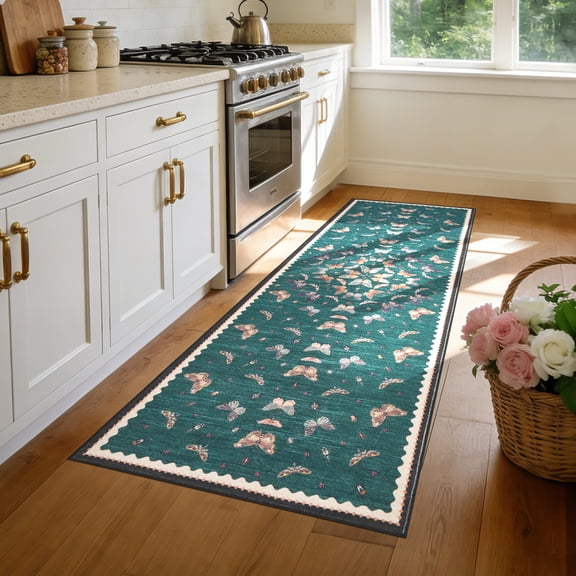 Garvee 2'x6' Vintage Butterfly Runner Rug Wavy Border Carpet, Machine Washable Low Pile Retro Insect Print Rug for Hallway Bedroom Home Decor, Teal