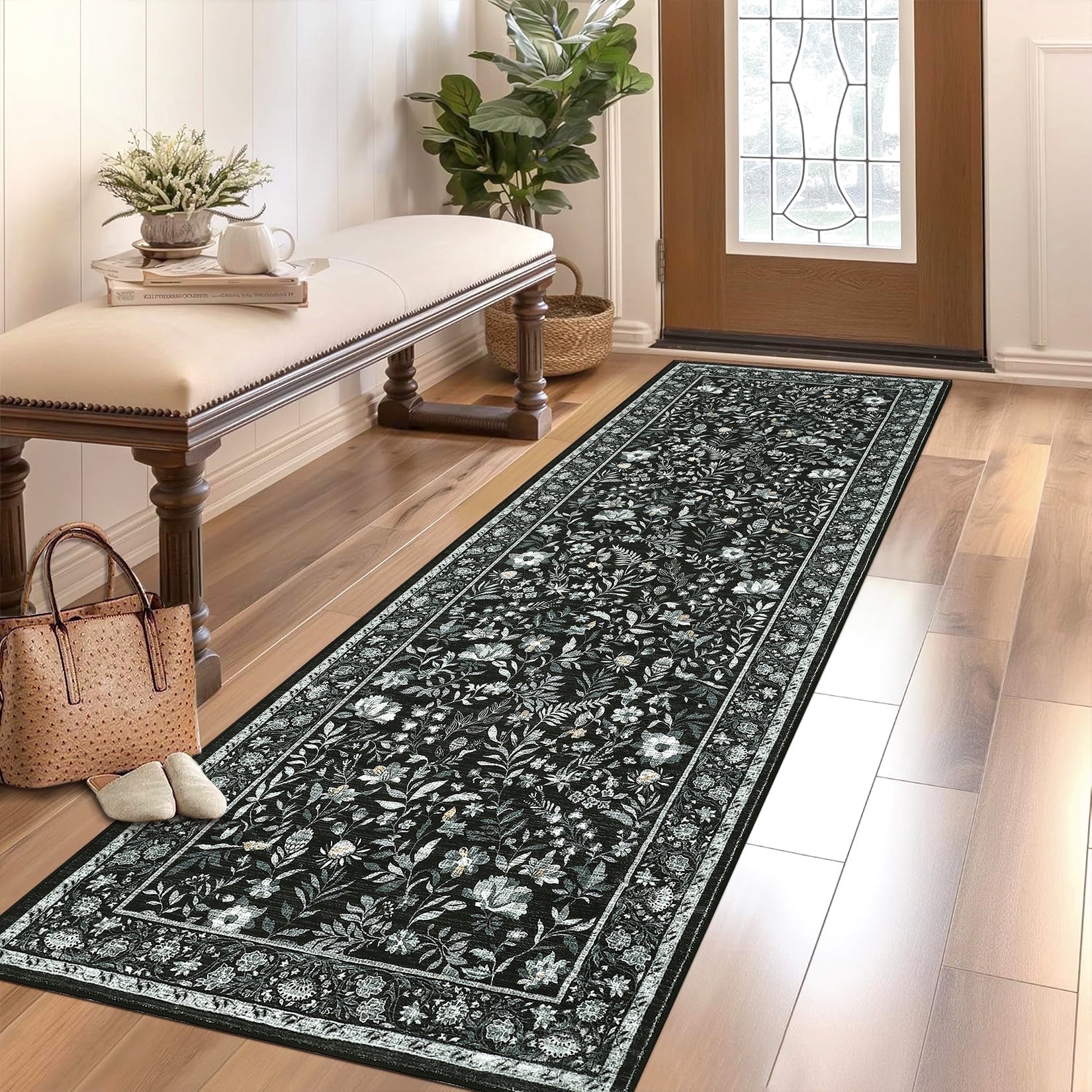 Garvee 2'x6' Vintage Floral Area Rugs Washable Botanical Printed Rugs Carpet, Low Pile Non Slip Oriental Rug Stain Resistant Indoor Rugs for Bedroom Hallway Kitchen, Black