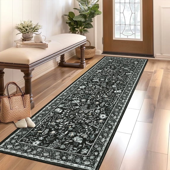 Garvee 2'x6' Vintage Floral Area Rugs Washable Botanical Printed Rugs Carpet, Low Pile Non Slip Oriental Rug Stain Resistant Indoor Rugs for Bedroom Hallway Kitchen, Black