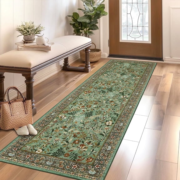 Garvee 2'x6' Vintage Floral Area Rugs Washable Botanical Printed Rugs Carpet, Low Pile Non Slip Oriental Rug Stain Resistant Indoor Rugs for Bedroom Hallway Kitchen, Light Green
