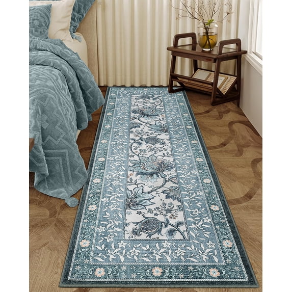 Garvee 2'x6' Vintage Floral Print Runner Rug Botanical Carpet, Washable Rug with Non-Slip Backing for Hallway BedRoom Kitchen, Blue