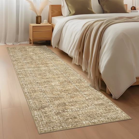 Garvee 2'x6' Vintage Floral Rugs Traditional Oriental Carpet with Non Slip Backing, Washable Rug Low Pile Floor Mat for Hallway Bedroom Home Decor, Beige