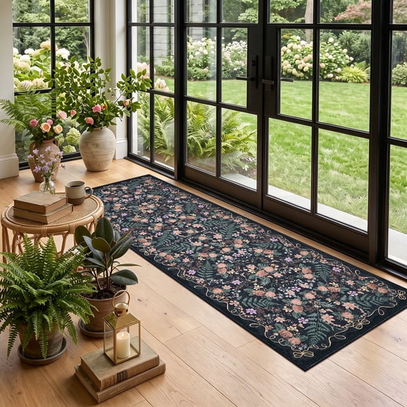 Garvee 2'x6' Vintage Floral Runner Rug Scalloped Edge Farmhouse Carpet with Non Slip Backing, Washable Low Pile Floor Cover for Hallway Bedroom Kitchen, Black Gray