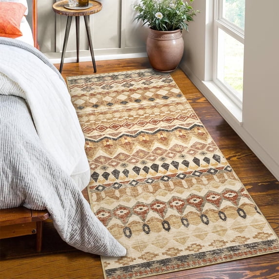 Garvee 2'x6' Vintage Runner Rug Non-Slip Boho Bedroom Rug Geometric Rug Soft Foldable Accent Rugs Home Decor, Brown Beige