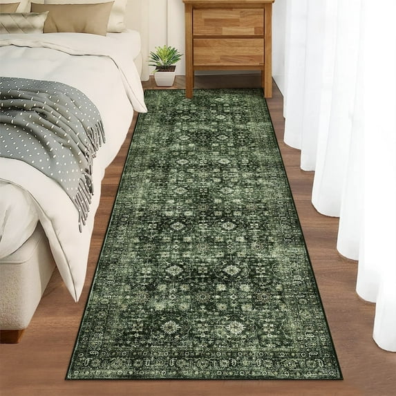 Garvee 2'x6' Vintage Runner Rug, Non Slip Machine Washable Traditional Persian Rug, Low Pile Boho Floral Rugs Carpet for Hallway Kitchen Entryway Bedroom, Green
