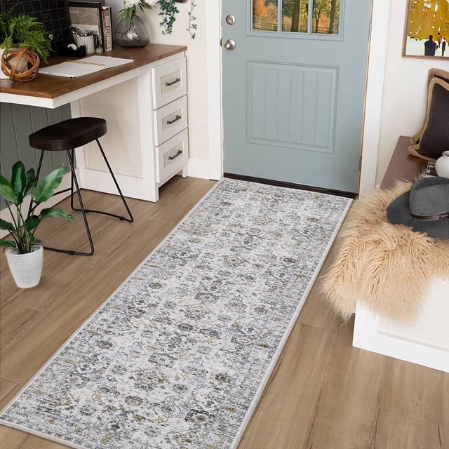 Garvee 2'x6' Vintage Runner Rugs, Machine Washable Indoor Rug Non-Slip Carpets for Hallway Kitchen Entryway Bedroom Farmhouse, Low Pile Traditional Distressed Rugs, Gray