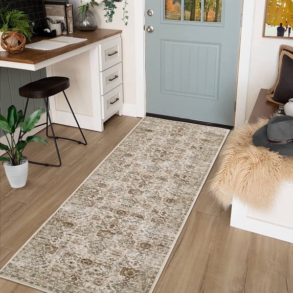 Garvee 2'x6' Vintage Runner Rugs, Machine Washable Indoor Rug Non-Slip Carpets for Hallway Kitchen Entryway Bedroom Farmhouse, Low Pile Traditional Distressed Rugs, Beige