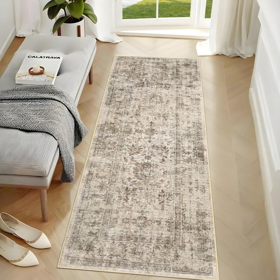 Garvee 2'x6' Washable Hallway Runner Rug Vintage Distressed Rug Non-Slip Bedroom Runners Rug for Dorm Laundry Room, Beige