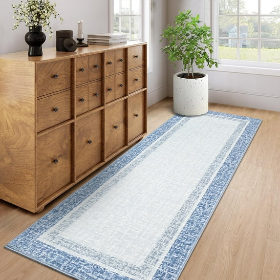 Garvee 2'x6' Washable Kitchen Runner Rug Modern Bordered Rug Non-Slip Bedroom Runners Rug for Hallway Laundry Room, Light Blue