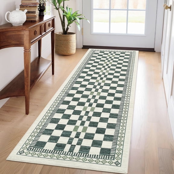 Garvee 2'x6' Checkered Runner Rug Farmhouse Washable Accent Rug, Non-Slip Kitchen Runner Rugs Stain-Resistant Soft Geometric Indoor Carpet for Bedroom Hallway, Green