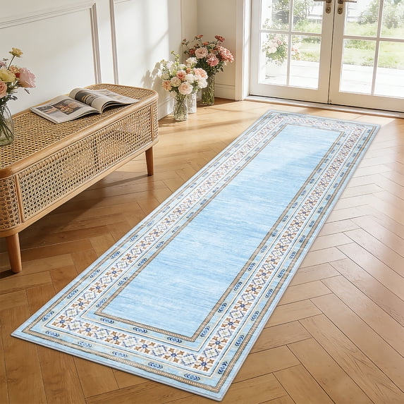 Garvee 2'x6' Washable Runner Rug Modern Bordered Rug Floral Rug Non Slip Bedroom Runner for Laundry Room Kitchen, Light Blue