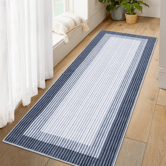 Garvee 2'x6' Washable Runner Rug Modern Bordered Rug Non-Slip Bedroom Runners Rug for Dorm Laundry Room, Blue