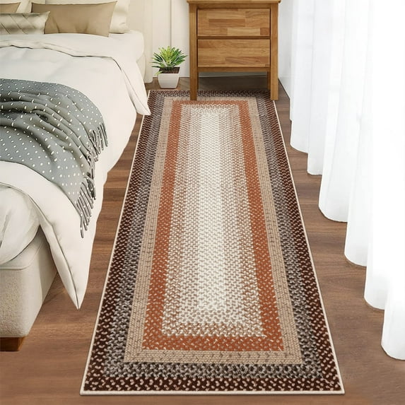 Garvee 2'x8' Braided Print Runner Rugs, Machine Washable Soft Runner Rug for Entryway Bedroom Hallway Kitchen, Brown and Orange