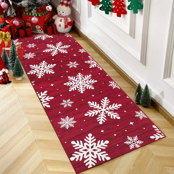 Garvee 2'x8' Christmas Area Rug Snowflake Printed Carpet, Washable Rug Non-Slip Soft Hallway Rugs Low Pile Foldable Xmas Decorative Floor Mats for Living Room Bedroom