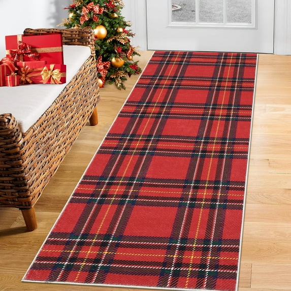 Garvee 2'x8' Christmas Runner Rug Washable Plaid Hallway Runners Rug, Non-Slip Stain Resistant Rugs Holiday Home Decor Indoor Floor Mat for Living Room, Bedroom Entryway, Red