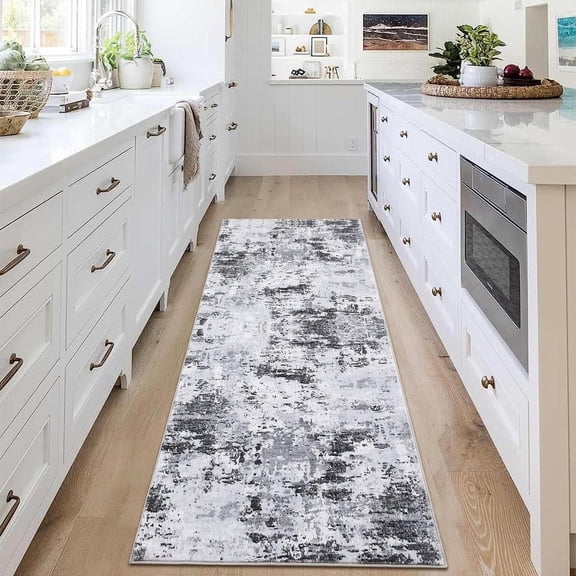 Garvee 2'x8' Modern Abstract Runner Rug Washable Print Carpet, Splash Ink Design Carpet with Non-Slip Backing Low-Pile Stain Resistant Floor Mats for Hallway Bedroom Kitchen, Light Gray