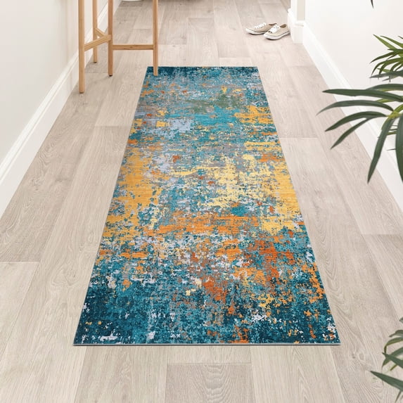 Garvee 2'x8' Modern Abstract Runner Rug Washable Rug, Stain-Resistant Contemporary Soft Accent Carpet Non-Slip Low Pile Rug for Hallway Bedroom Home Decor, Gold Blue
