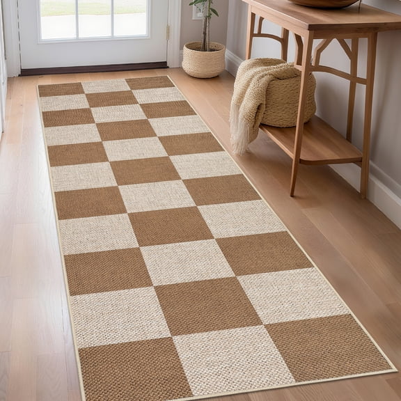 Garvee 2'x8' Modern Checkered Runner Rug Easy Jute Carpet, Non Slip Non Shedding Washable Rug Farmhouse Floor Cover for Hallway Bedroom Kitchen, Coffee