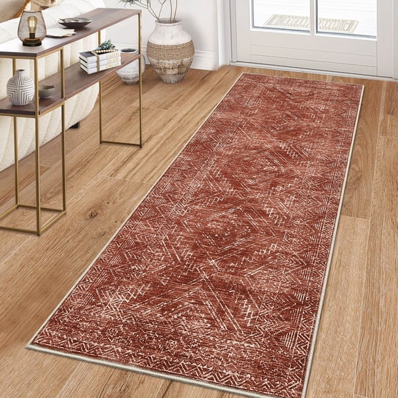 Garvee 2'x8' Modern Geometric Runner Rug Washable Distressed Accent Carpet, Non Slip Rug Ultra-Soft Contemporary Indoor Floor Mat for Hallway Bedroom Kitchen, Red