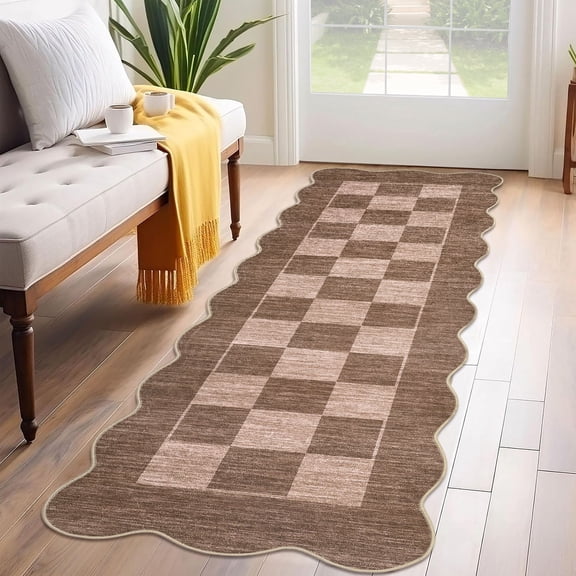 Garvee 2'x8' Scalloped Runner Rugs Modern Checkered Carpet, Washable Non-Slip Rug Contemporary Floor Mats for Hallway Bedroom Kitchen, Mousse
