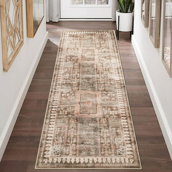 Garvee 2'x8' Vintage Runner Rug, Non-Slip Washable Rug Low Pile Traditional Distressed Floor Rug for Entryway Bedroom Hallway Kitchen, Floral Print Carpet, Khaki