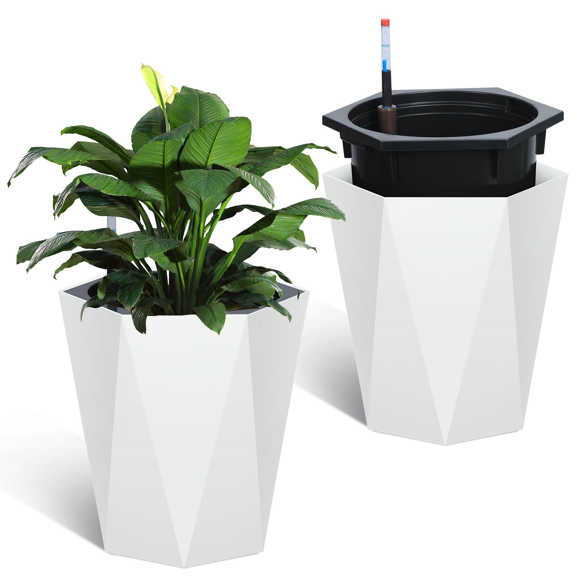 Garvee 2025 New 16" Tall Planters Set of 2, Outdoor＆Indoor Planter Pots, High Front Porch Planter Pots with Drainage Holes＆Water Level Monitor＆Inner Bucket, Automatic Watering, White